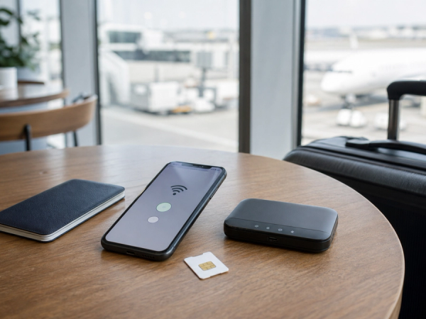 eSIM phone, physical SIM and pocket hotspot prepared for international travel