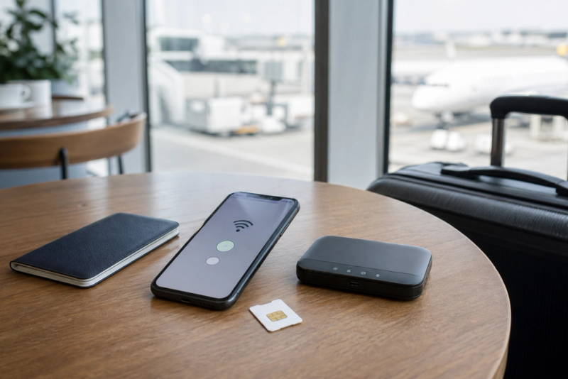 eSIM phone, physical SIM and pocket hotspot prepared for international travel