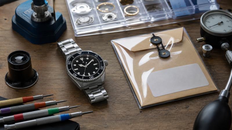 Mechanical watch inspected with timing and pressure-test equipment