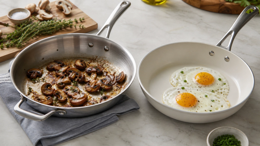 Stainless Steel vs Ceramic Cookware shown as a practical side-by-side comparison