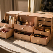 Open luxury beauty advent calendar drawers with skincare, fragrance and makeup arranged for comparison