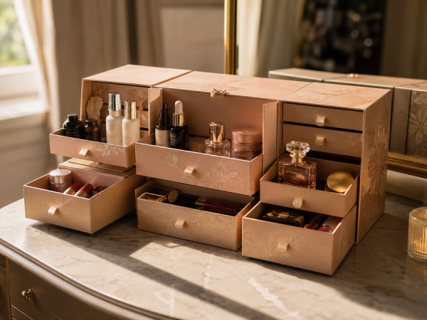Open luxury beauty advent calendar drawers with skincare, fragrance and makeup arranged for comparison