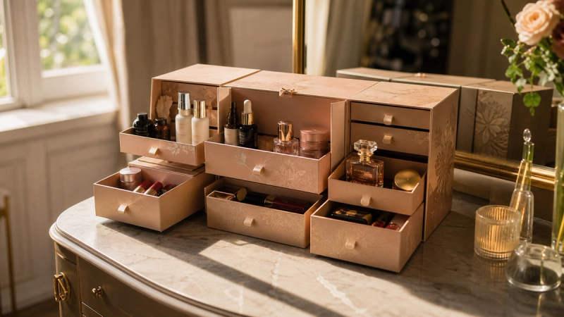 Open luxury beauty advent calendar drawers with skincare, fragrance and makeup arranged for comparison