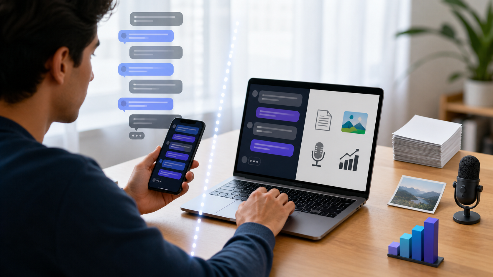 User comparing unlimited text chat with separately limited AI tools on phone and laptop