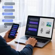 User comparing unlimited text chat with separately limited AI tools on phone and laptop