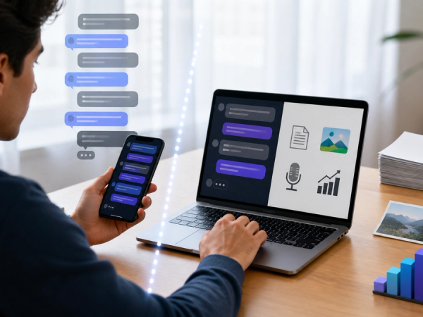 User comparing unlimited text chat with separately limited AI tools on phone and laptop