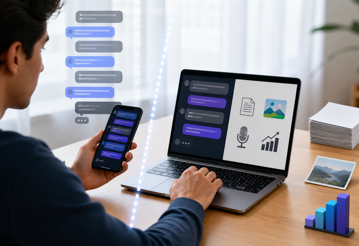 User comparing unlimited text chat with separately limited AI tools on phone and laptop