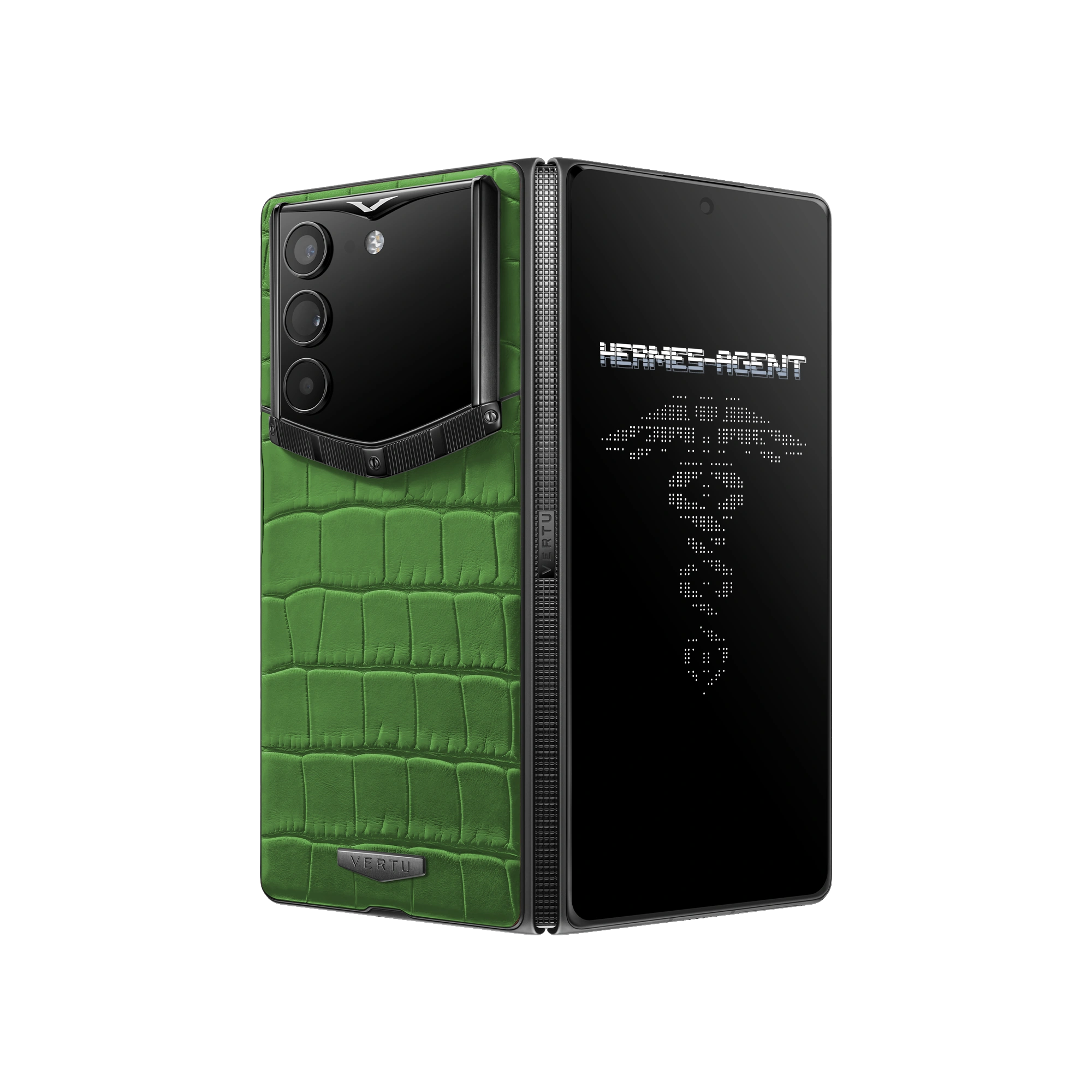 A detailed view of the premium alligator skin finish on a Quantum Flip smartphone.
