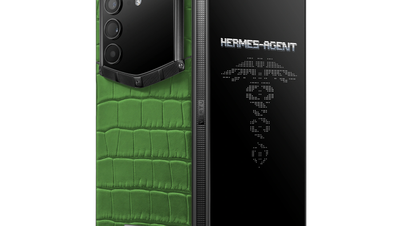 A detailed view of the premium alligator skin finish on a Quantum Flip smartphone.