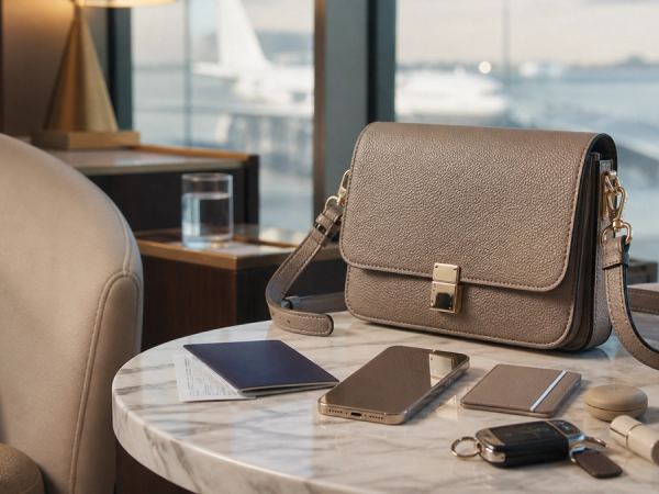 Luxury crossbody bag arranged with travel essentials in an airport lounge