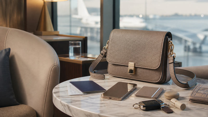 Luxury crossbody bag arranged with travel essentials in an airport lounge