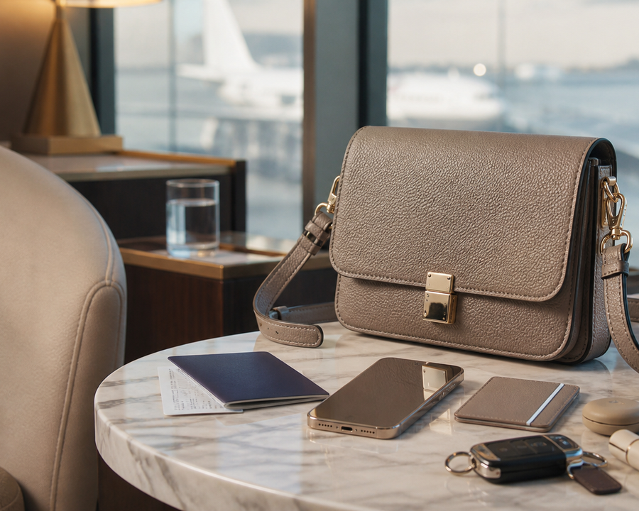 Luxury crossbody bag arranged with travel essentials in an airport lounge