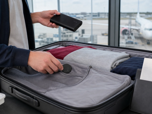 Luggage tracker inside an open checked suitcase beside an airline baggage receipt