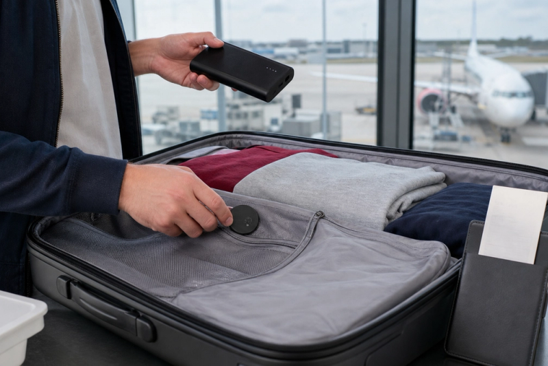 Luggage tracker inside an open checked suitcase beside an airline baggage receipt