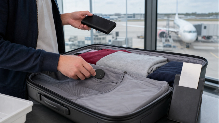 Luggage tracker inside an open checked suitcase beside an airline baggage receipt