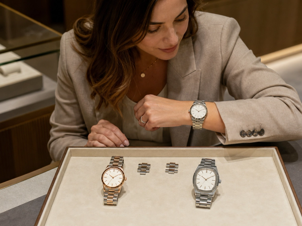 A woman comparing the wrist fit and profiles of three distinct high-end watches
