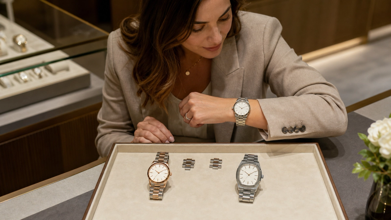 A woman comparing the wrist fit and profiles of three distinct high-end watches
