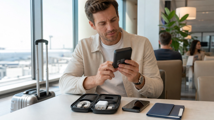 Traveller arranging a labelled power bank, compact charger and cables in a cabin bag