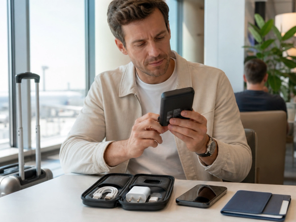 Traveller arranging a labelled power bank, compact charger and cables in a cabin bag