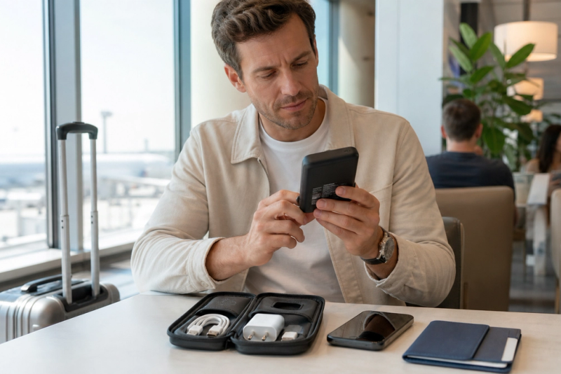 Traveller arranging a labelled power bank, compact charger and cables in a cabin bag