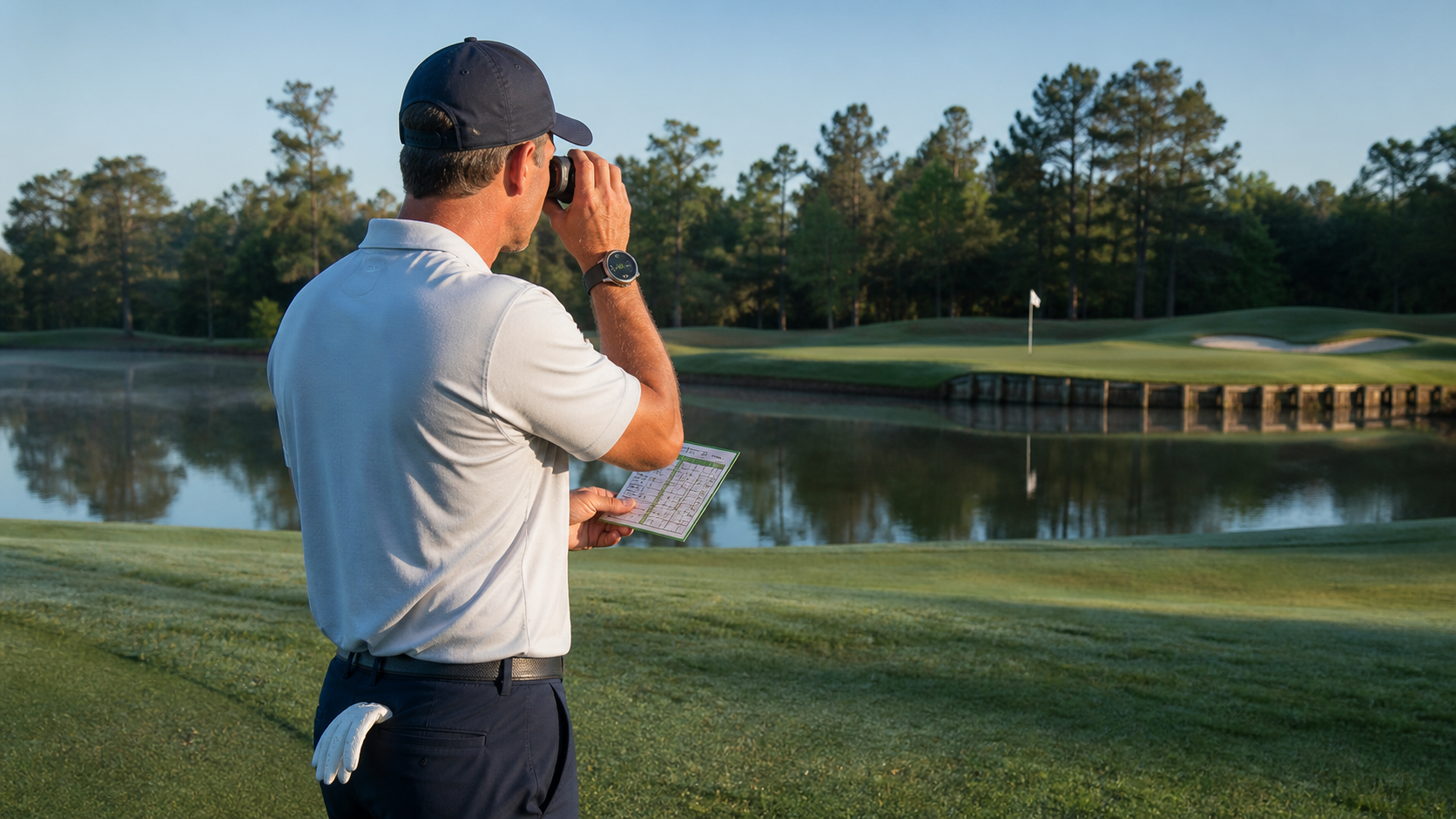 Golfer comparing laser rangefinder, GPS watch and yardage book