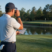 Golfer comparing laser rangefinder, GPS watch and yardage book