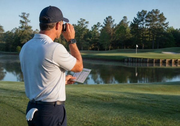 Golfer comparing laser rangefinder, GPS watch and yardage book