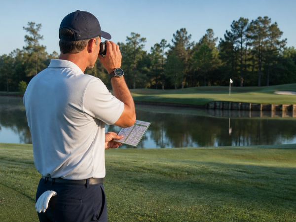 Golfer comparing laser rangefinder, GPS watch and yardage book
