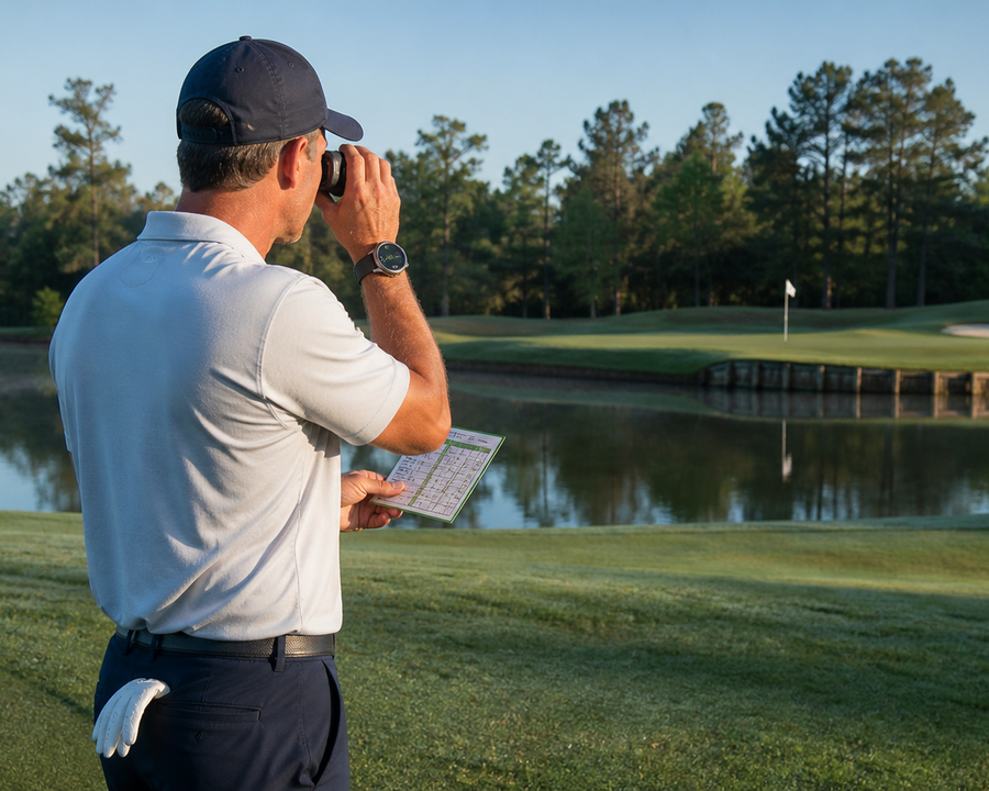 Golfer comparing laser rangefinder, GPS watch and yardage book