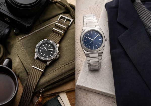 Two unbranded mechanical watch silhouettes representing a casual field watch and an integrated-bracelet sports watch on a collector desk