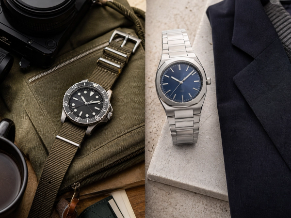 Two unbranded mechanical watch silhouettes representing a casual field watch and an integrated-bracelet sports watch on a collector desk