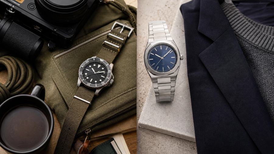 Two unbranded mechanical watch silhouettes representing a casual field watch and an integrated-bracelet sports watch on a collector desk