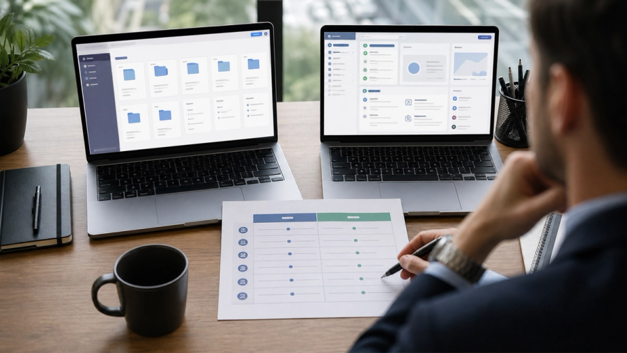 Executive comparing two unbranded AI workspaces across files and research