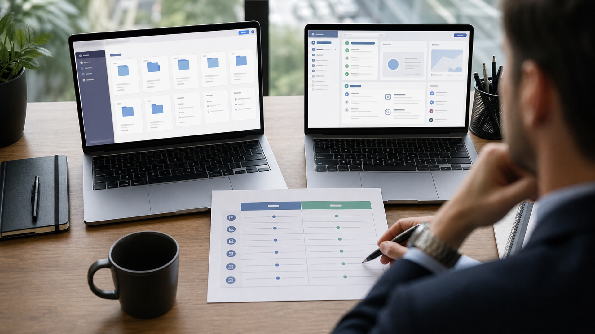 Executive comparing two unbranded AI workspaces across files and research