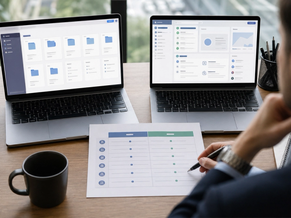 Executive comparing two unbranded AI workspaces across files and research