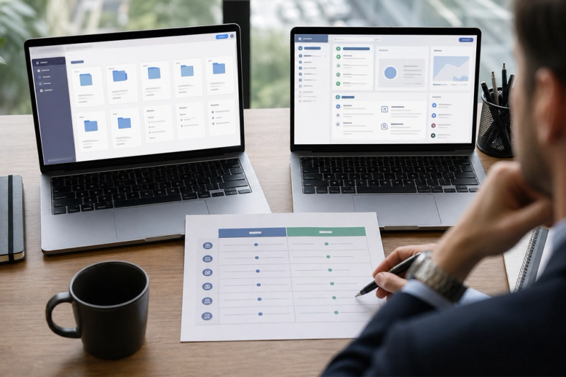 Executive comparing two unbranded AI workspaces across files and research