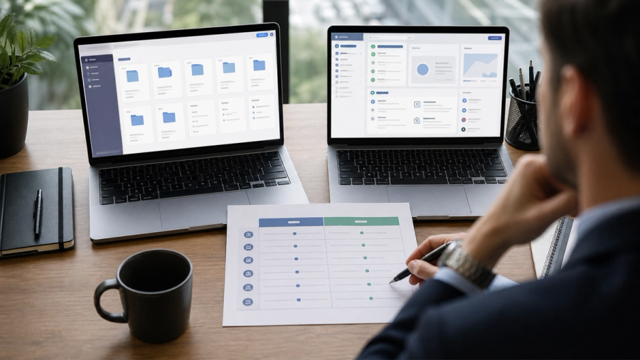 Executive comparing two unbranded AI workspaces across files and research