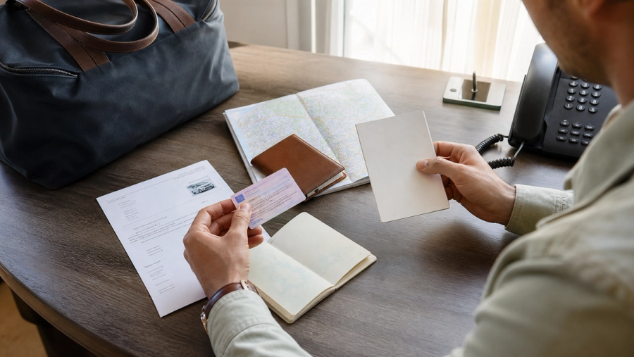 A traveller comparing a driving licence, passport, rental-car booking and international driving permit beside a road map before an overseas journey
