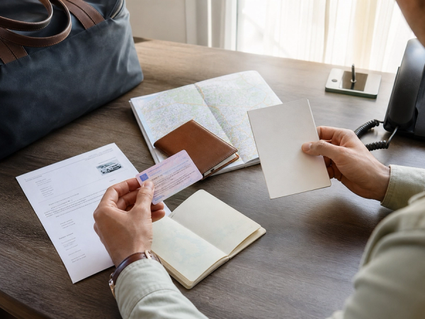 A traveller comparing a driving licence, passport, rental-car booking and international driving permit beside a road map before an overseas journey