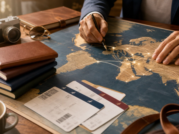 A refined travel desk with passports, boarding cards and a world route map illustrating global mobility
