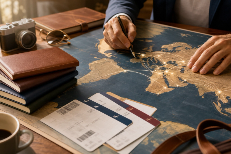 A refined travel desk with passports, boarding cards and a world route map illustrating global mobility