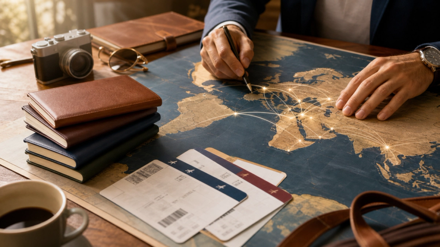 A refined travel desk with passports, boarding cards and a world route map illustrating global mobility