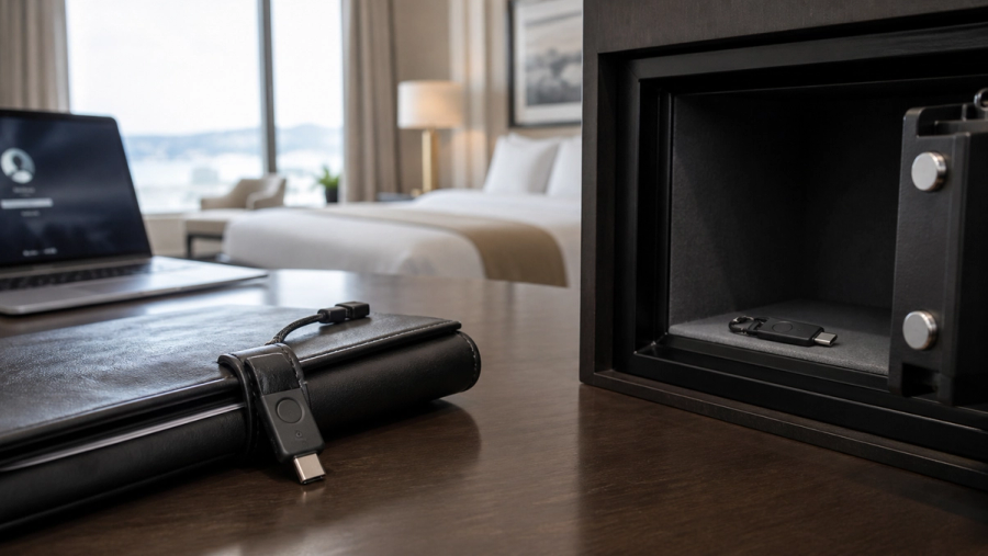 Primary and spare hardware security keys stored in separate travel locations