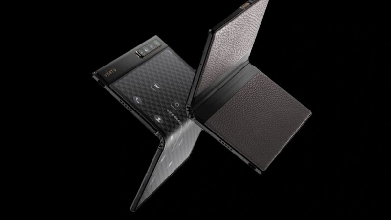 A VERTU ALPHAFOLD phone finished in stitched calfskin, showcasing its luxurious texture.