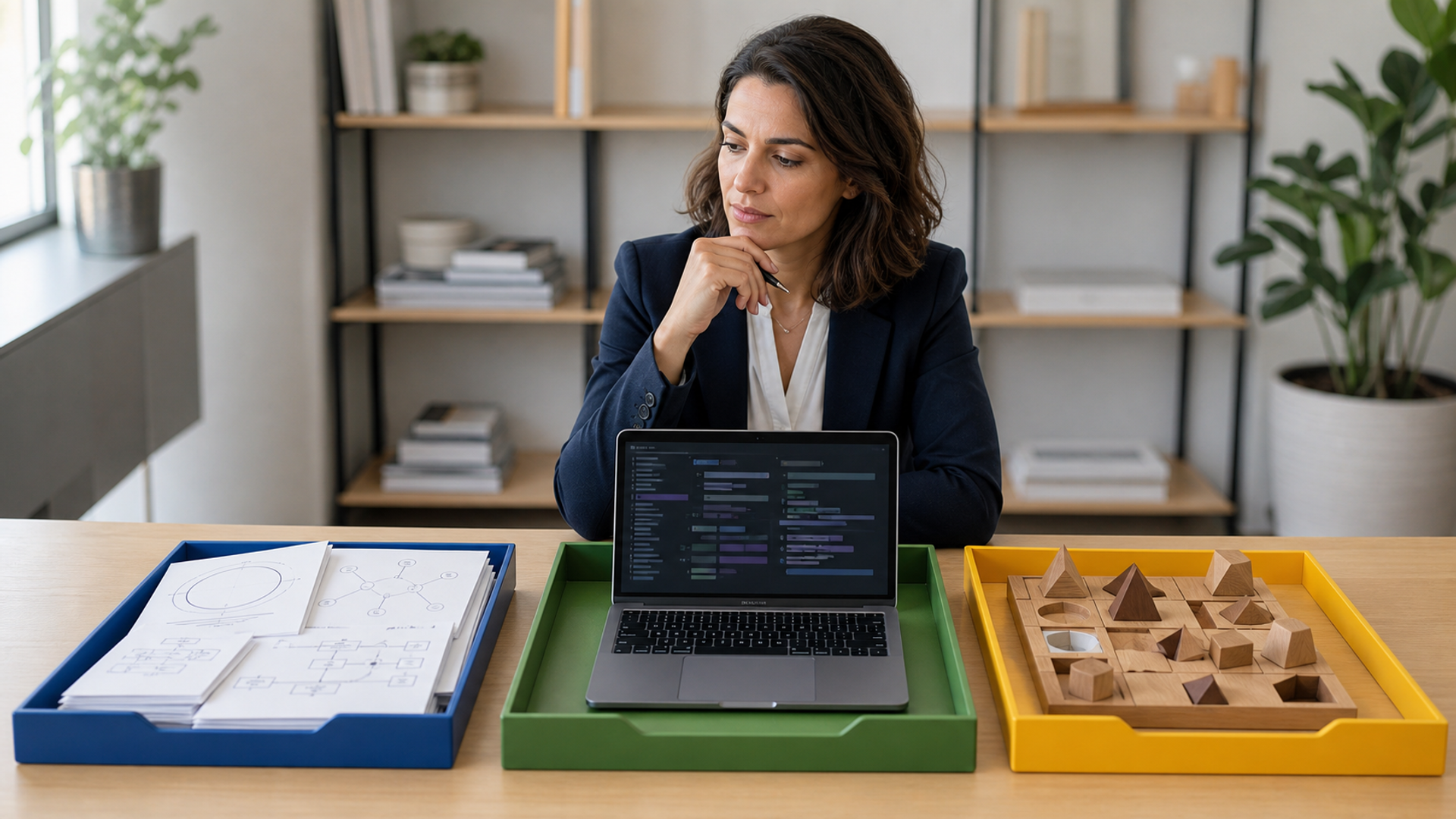Three clearly distinct AI workload stations for speed, professional reasoning and frontier research in a modern office