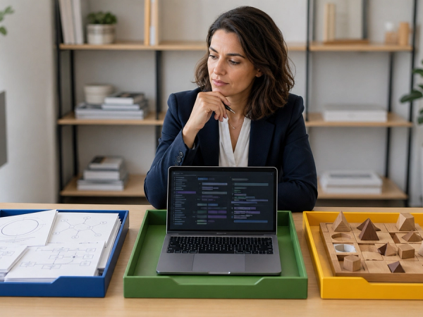 Three clearly distinct AI workload stations for speed, professional reasoning and frontier research in a modern office