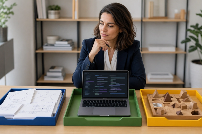 Three clearly distinct AI workload stations for speed, professional reasoning and frontier research in a modern office