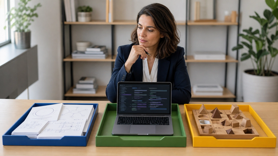 Three clearly distinct AI workload stations for speed, professional reasoning and frontier research in a modern office