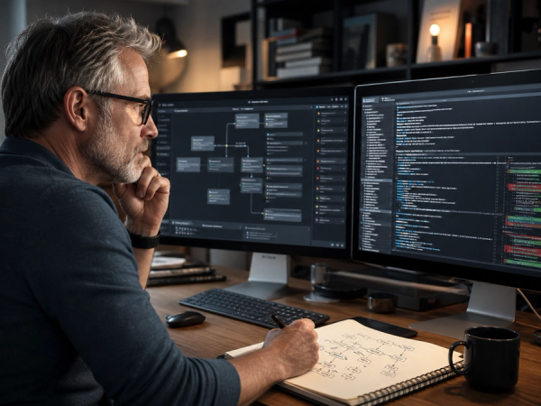 Developer comparing parallel terminal-agent workflows and a decision map