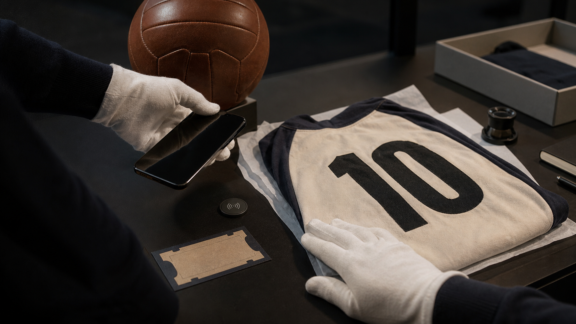 A numbered football shirt, match ball and official replica ticket arranged for provenance inspection with NFC phone scan and documents